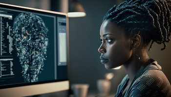 A woman sits at a computer looking at a scatter plot diagram. 