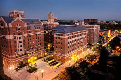 A birds-eye view of North Quad on a summer night.