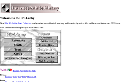 A screenshot of a website landing page from 1996 in Web 1.0 style of the Internet Public Library.