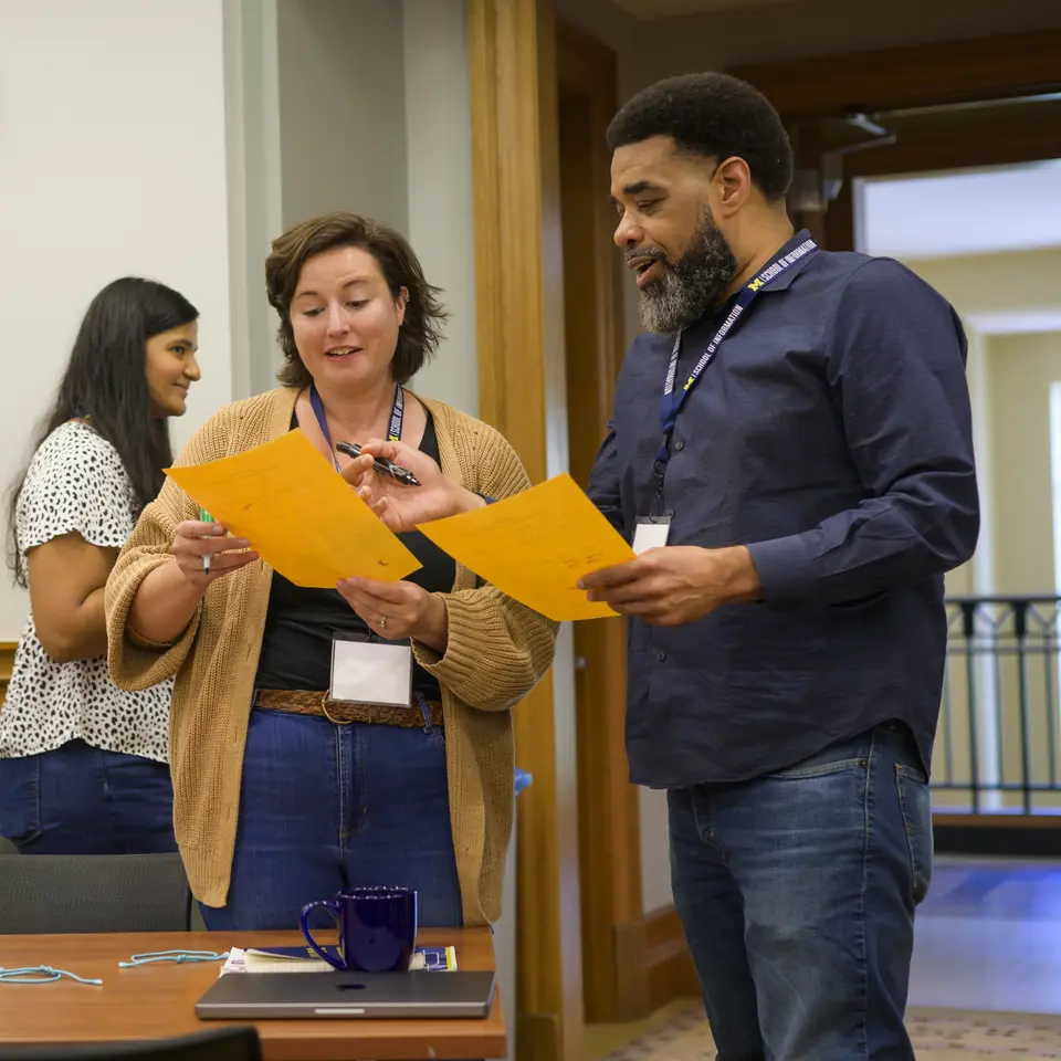Students participate in icebreaker activities during the Master of Applied Data Science on-campus experience for online students September 22, 2023 at the University of Michigan.